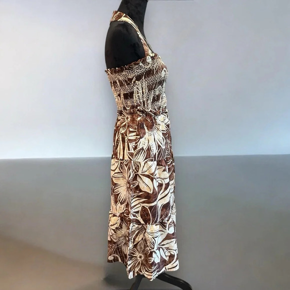 Sam Edelman SMOCKED SLIT-FRONT HALTER MIDI DRESS floral beige and brown sz med - Picture 5 of 9
